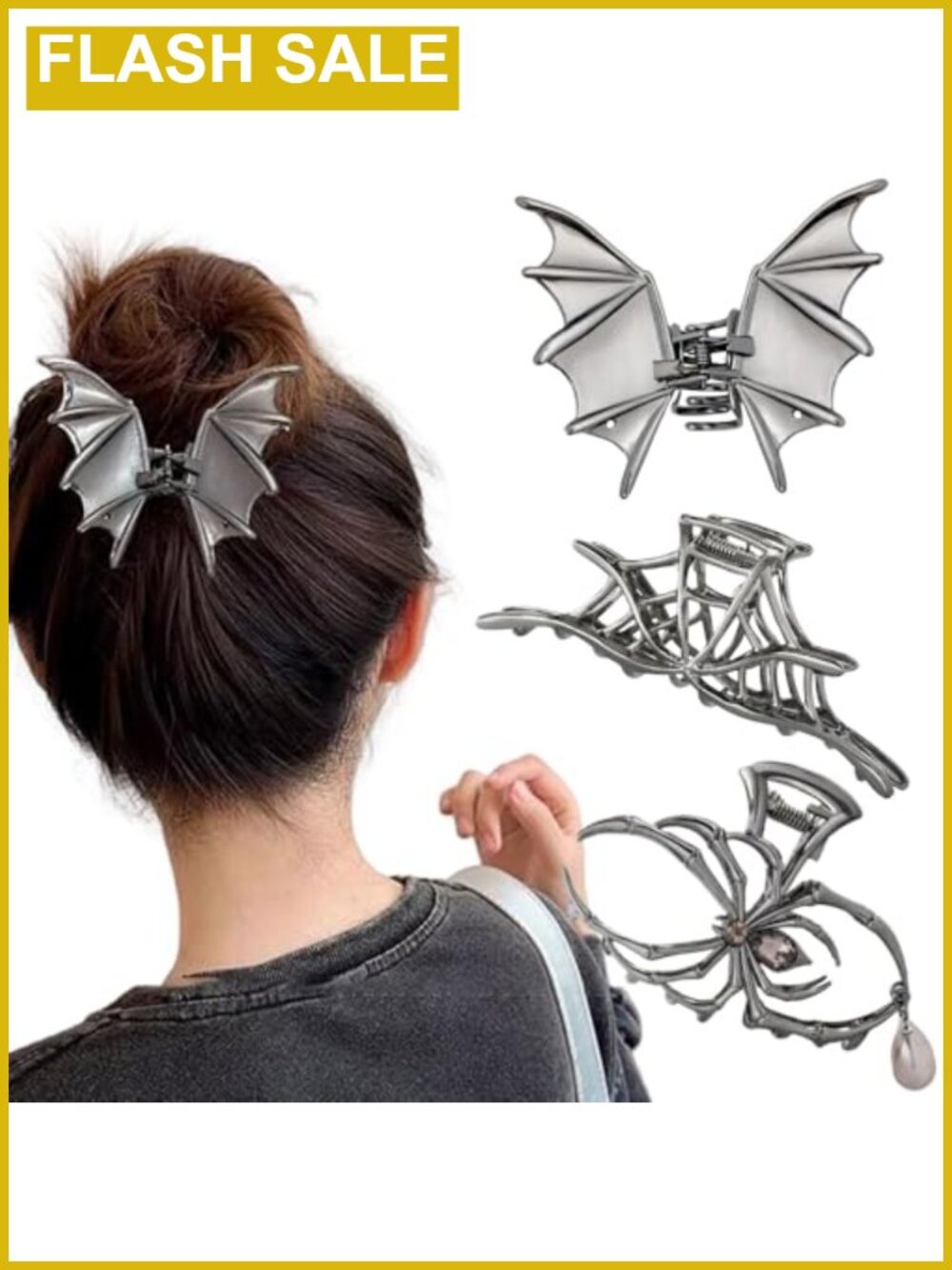 3PCS Spider Web Bat Hair Claw Clips Alloy Halloween Hair Accessories